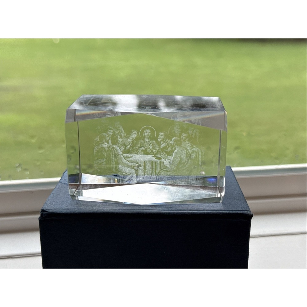3D Laser Etched Crystal Glass Cube Paperweight Jesus Religious Last Supper 3x2x2